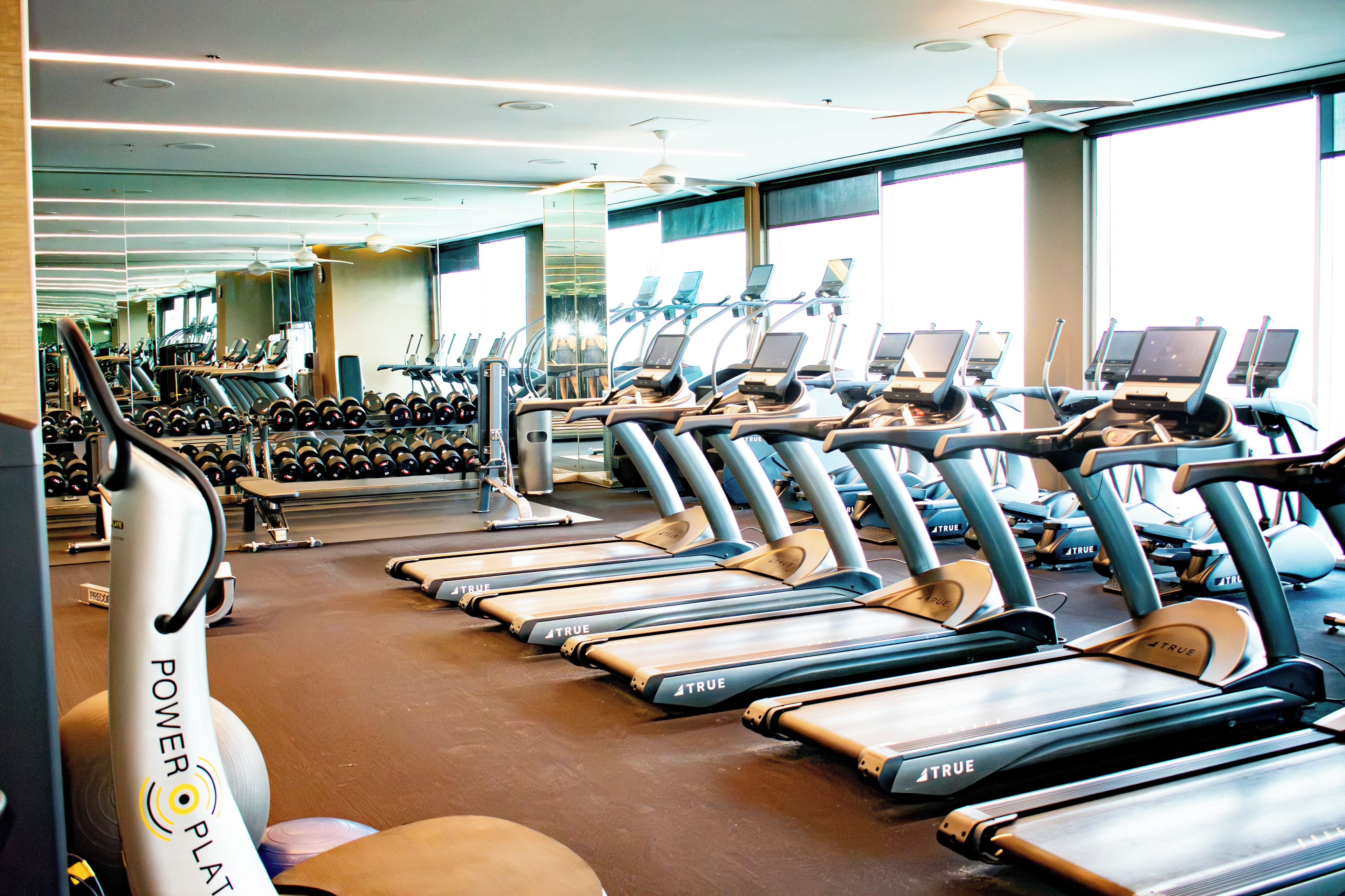 Una palestra con tapis roulant, cyclette e pesi.