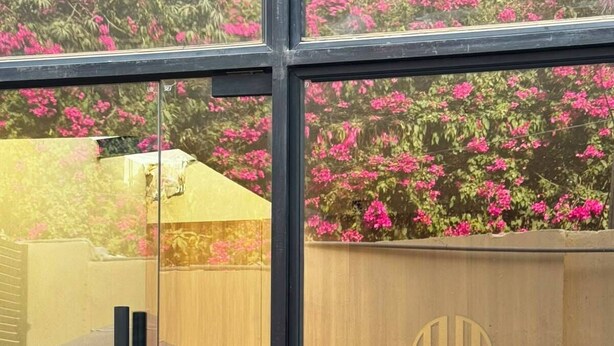 Uma porta de vidro, parede de madeira e um logotipo, uma planta em vaso e um guarda-chuva amarelo.