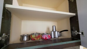 Family Apartment, Balcony, City View | Private kitchen | Oven, cookware/dishes/utensils - Govinda Nivas Homestay (Tirupati)