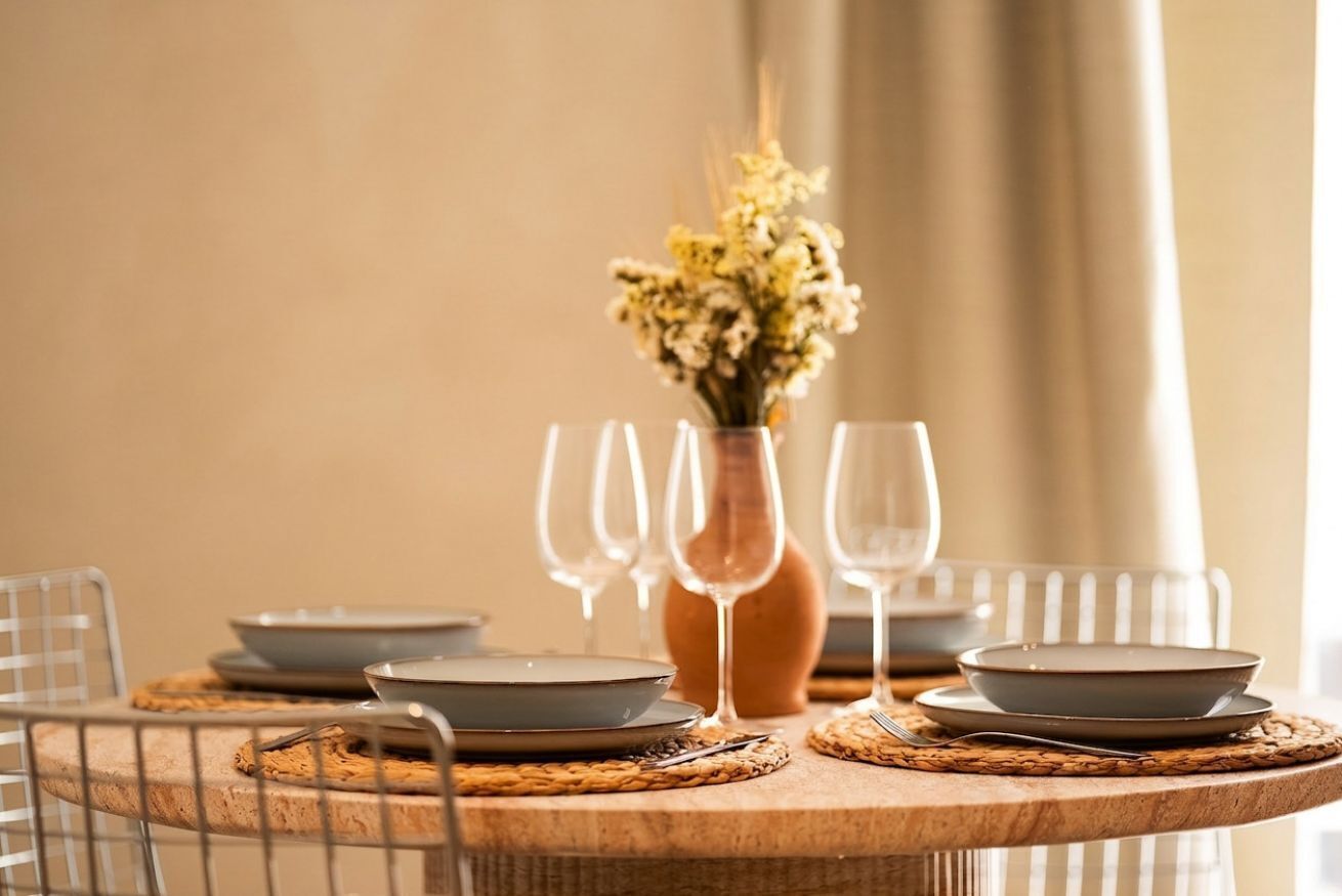 Ein Esszimmertisch mit Geschirr, Gläsern und einer Blumenvase.