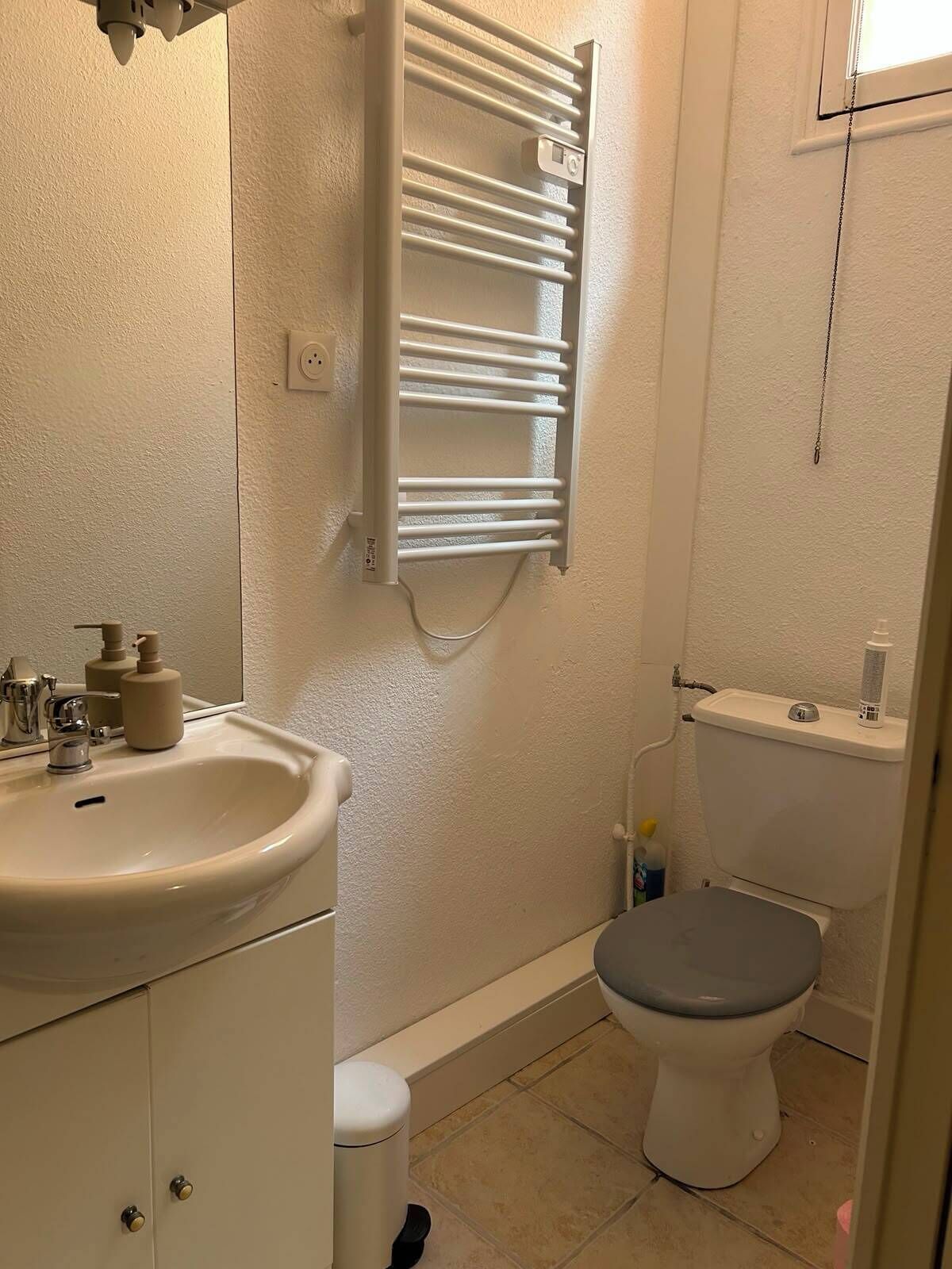 Ein Badezimmer mit einem weißen Waschbecken, einer Toilette und einem Handtuchhalter.