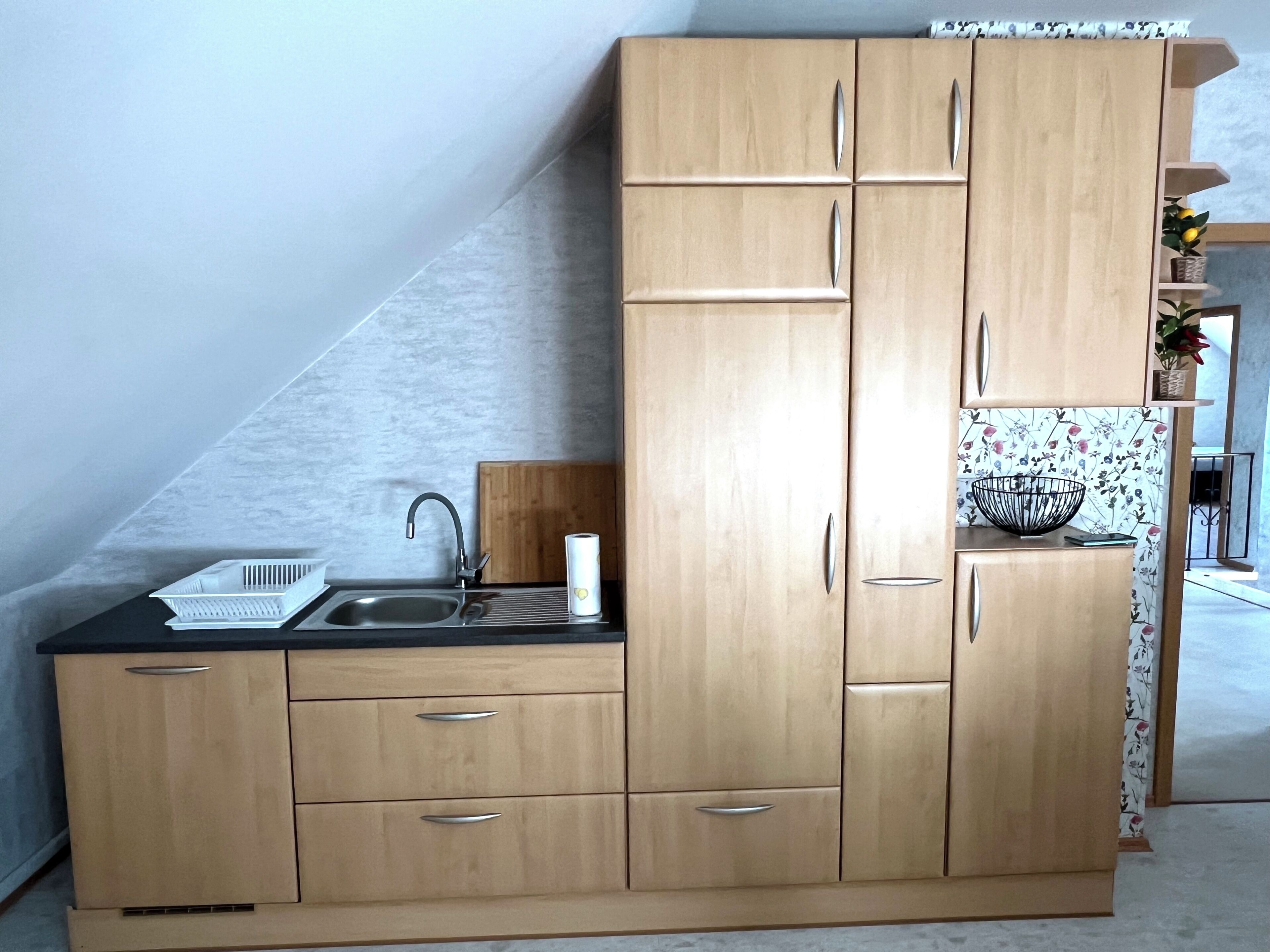 Una cocina con gabinetes de madera, encimera negra, pileta y una pequeña planta.