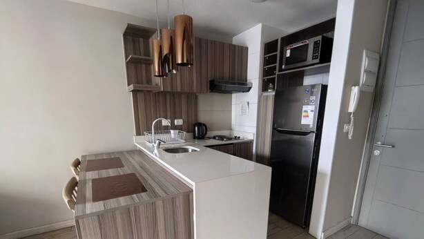 A modern kitchen with a central island, stainless steel appliances, and wooden cabinetry. - Santa Lucía, Downtown Central Santiago (Santiago)