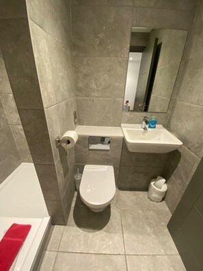 Ein Badezimmer mit Toilette, Waschbecken und Spiegel.