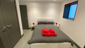 Een moderne slaapkamer met een bed, twee nachtkastjes, een raam en een deur.