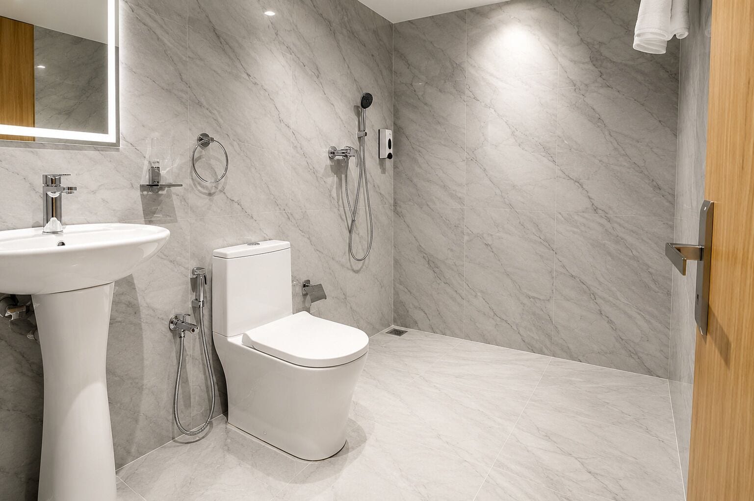 Une salle de bain moderne équipée de toilettes, d’un lavabo et d’une douche.