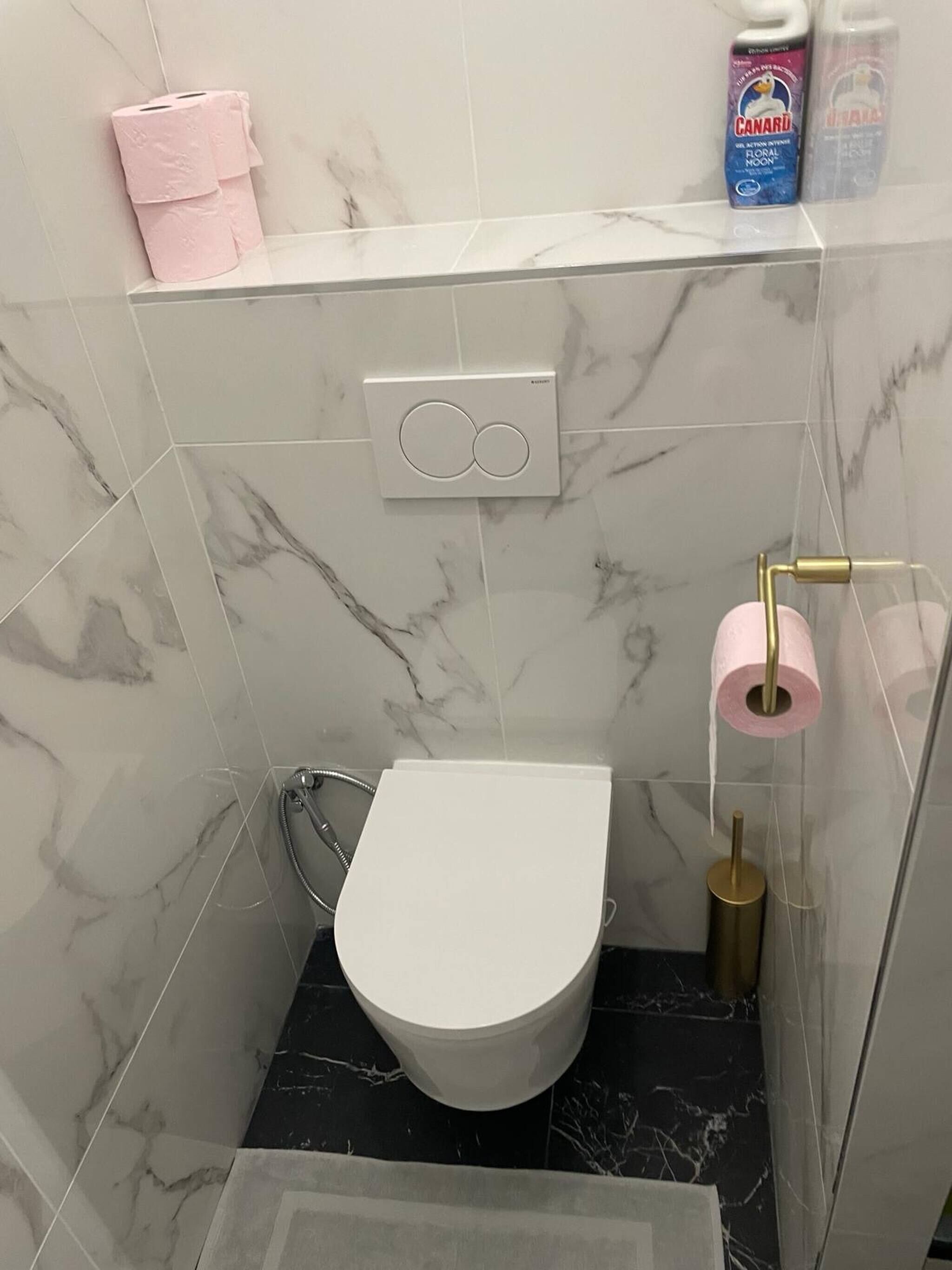 A bathroom with a toilet, a shower, and a marble wall.