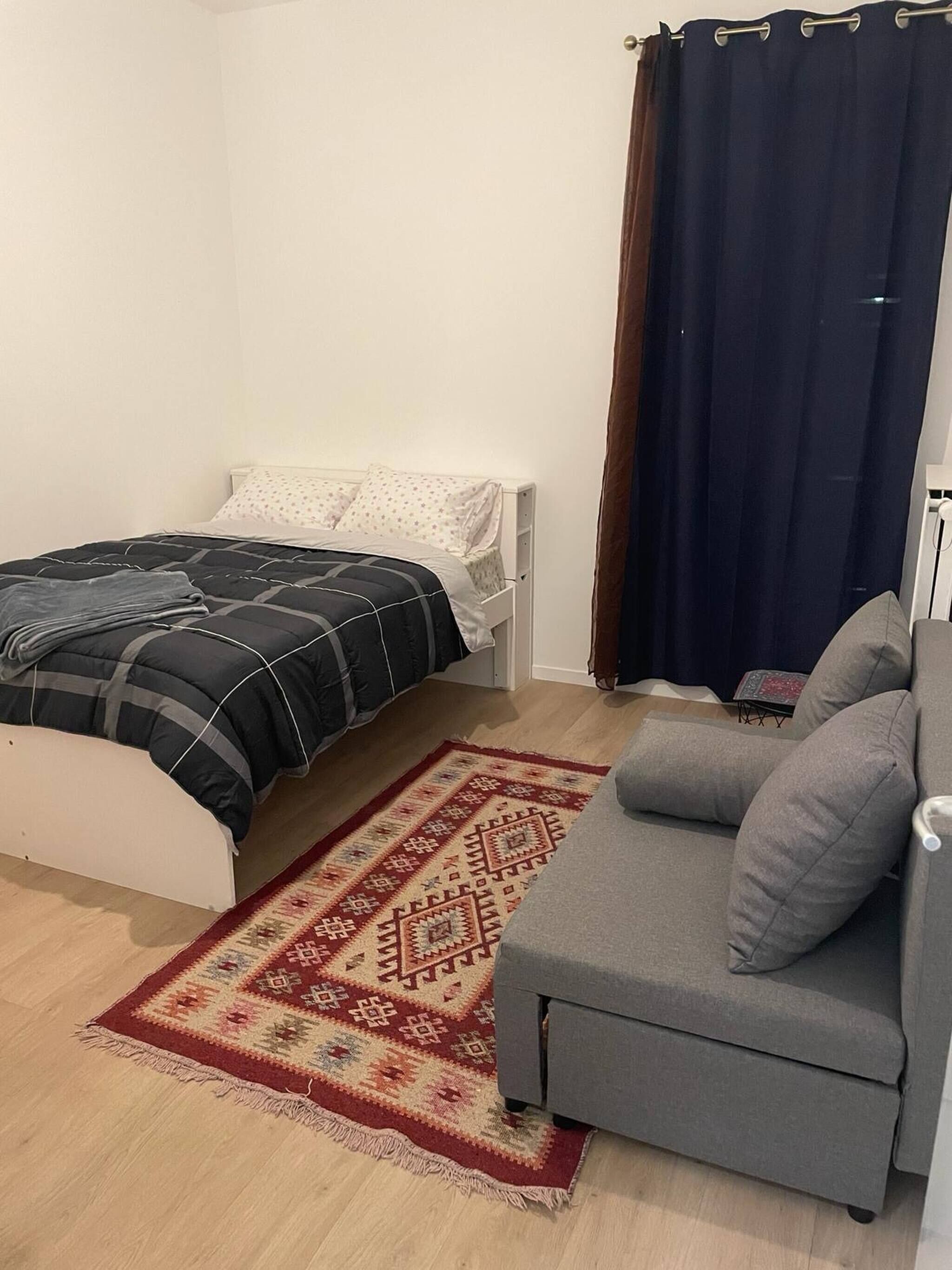 A compact room with a bed, a grey sofa, a patterned rug, and a dark curtain.