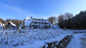 A large house with multiple windows and a snow-covered landscape. - Möwe Vacation Rental – Relaxation Between the Forest and the Baltic Sea - Küstenwaldhaus (Koserow)