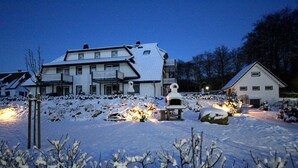 Een groot, twee verdiepingen tellend huis met een sneeuwbedekte tuin en een verlichte buitenoven.