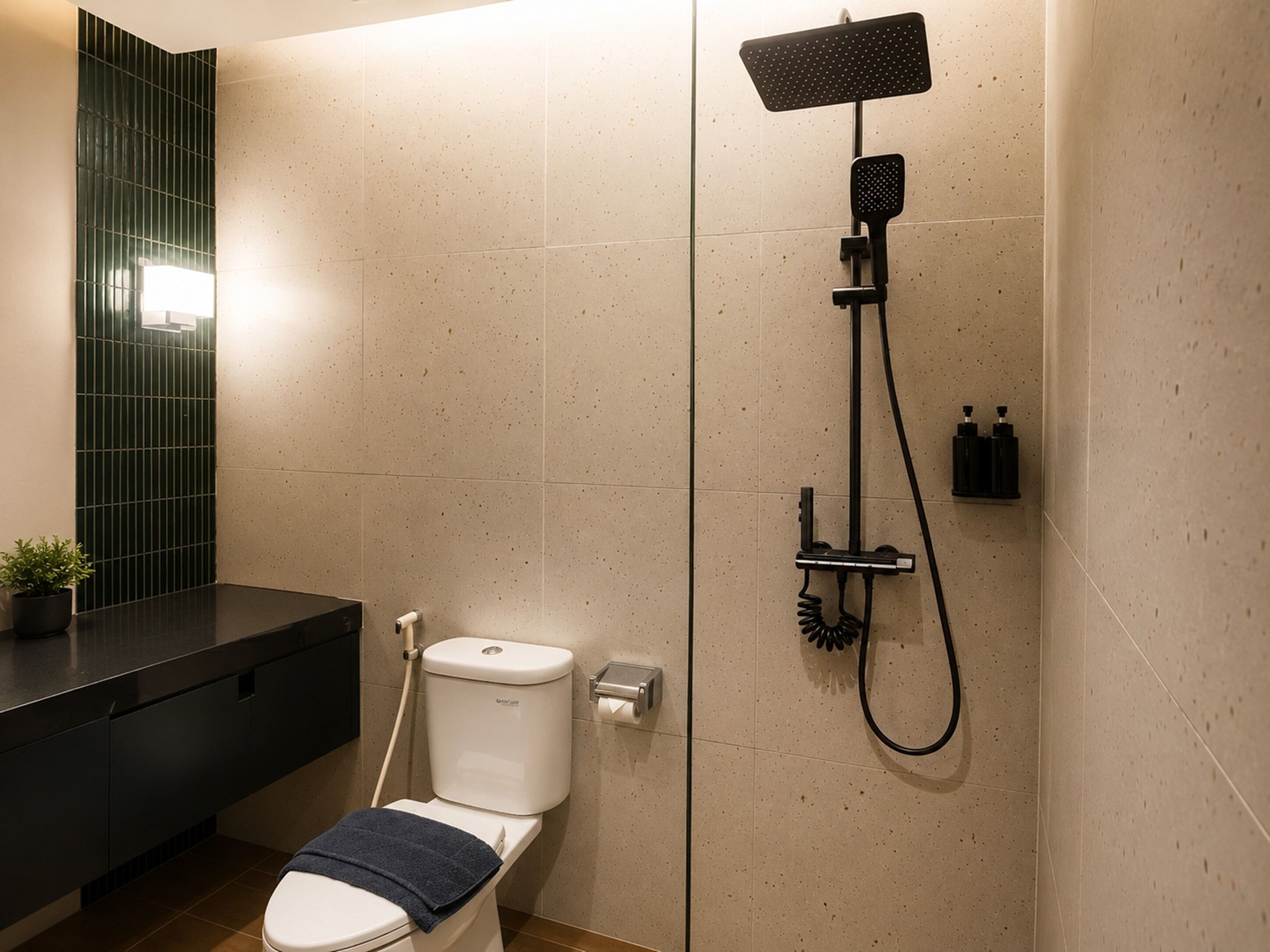 A modern bathroom with a toilet, a shower, and a sink.