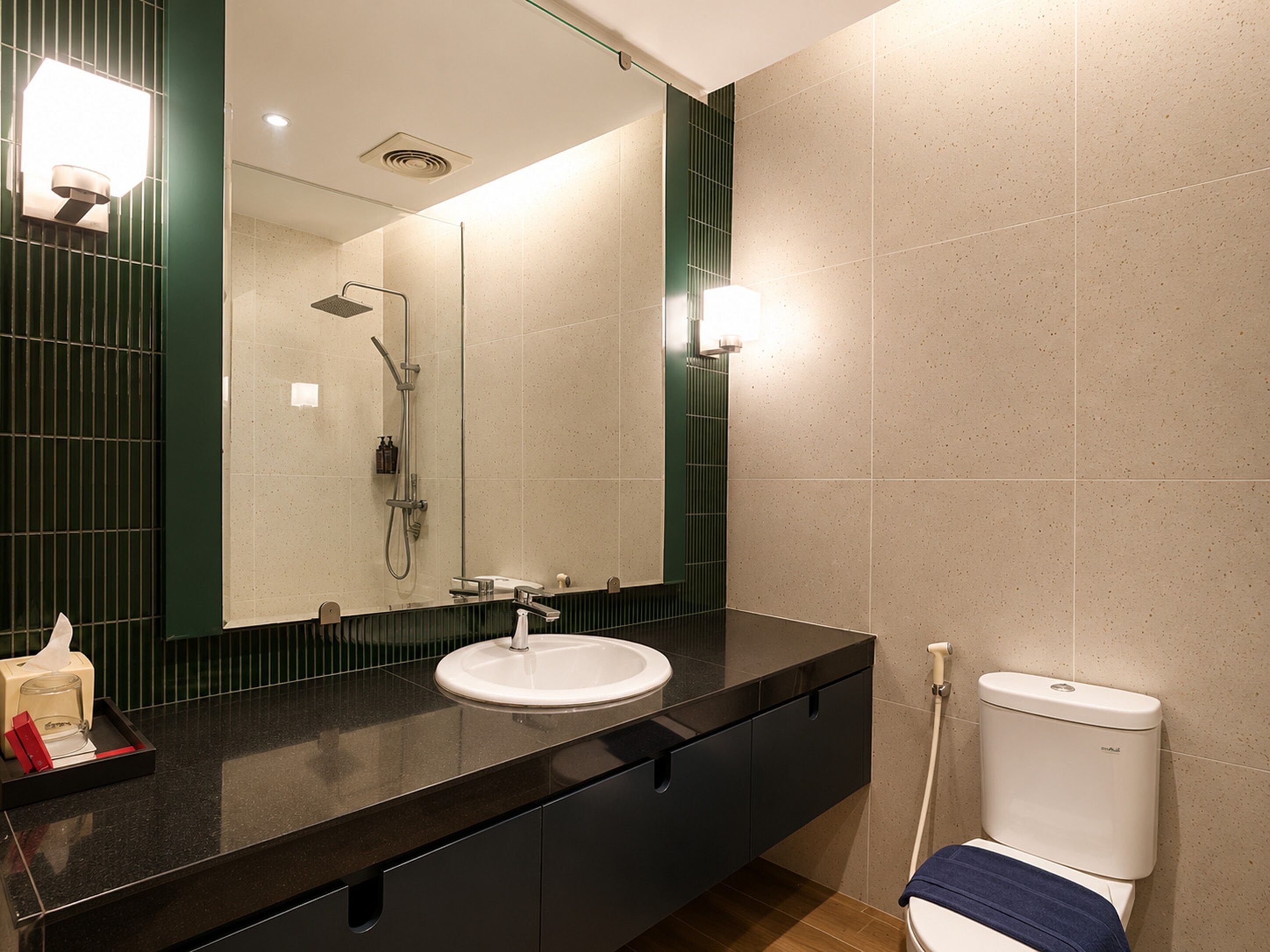 Shower, free toiletries, hair dryer, towels