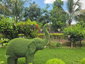 A topiary elephant in a lush garden with various plants and a clear sky.
