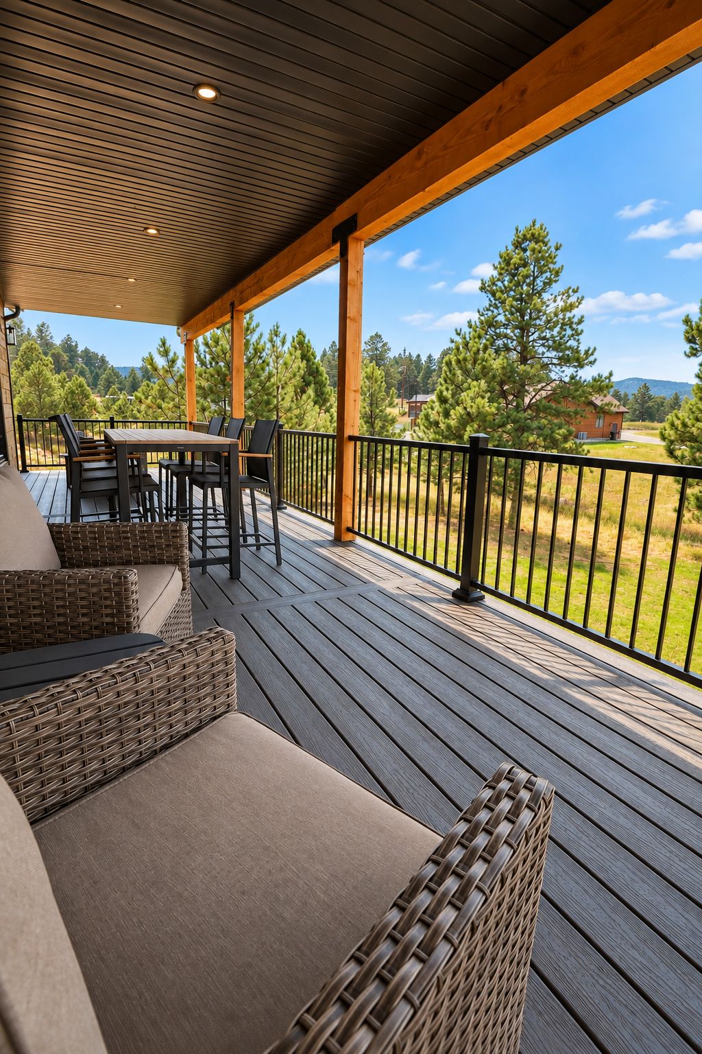 Eine überdachte Terrasse im Freien mit Tisch und Stühlen, einer Rattan-Couch und Blick auf eine grüne Landschaft mit Bäumen und einem Gebäude in der Ferne.