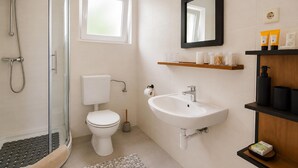 Une salle de bain avec une douche à parois de verre, des toilettes, un lavabo et un miroir.