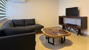 Un soggiorno moderno con un divano, un tavolino da caffè, una TV su un mobile basso e un condizionatore d'aria.