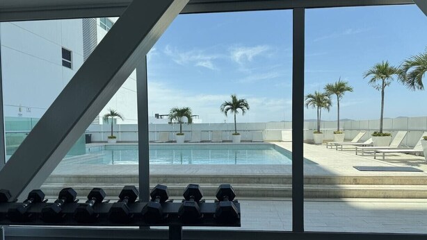 A view of a swimming pool with lounge chairs and palm trees, visible through a window with gym equipment in the foreground. - Departamento Premium Torre M by GPS (Mazatlán)