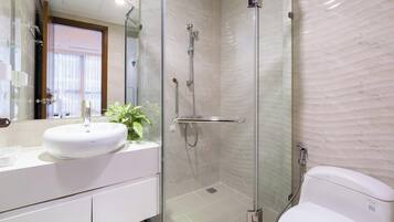 Hair dryer, bidet, towels, soap