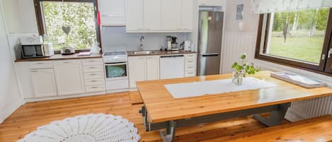 A modern kitchen with white cabinets, a wooden table, and a large window.