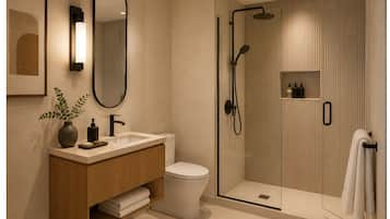 Appartement Deluxe | Salle de bain | Articles de toilette (gratuits), séchoir à cheveux, serviettes fournies