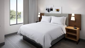A hotel room with a large bed, two bedside tables, a window with curtains, and artwork on the wall.