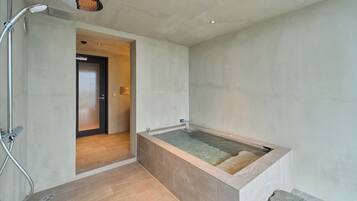 Ein modernes Badezimmer mit einer begehbaren Dusche, einer Badewanne und einer Holztür.