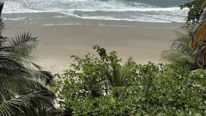 Una spiaggia con onde, cielo sereno e vegetazione tropicale.