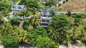 Un quartiere residenziale con una grande casa dotata di piscina, immersa nel verde e circondata da palme.