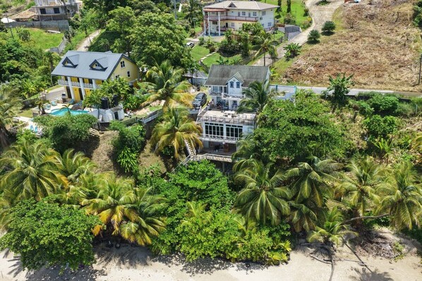 A residential area with a large house featuring a swimming pool, surrounded by lush greenery and palm trees.