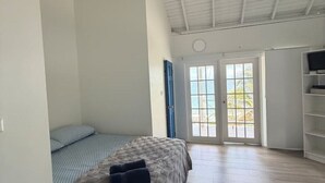 Una stanza con soffitto alto, un letto con copriletto grigio, un secondo letto con copriletto fantasia, una TV su un mobile e vista attraverso una porta vetrata.
