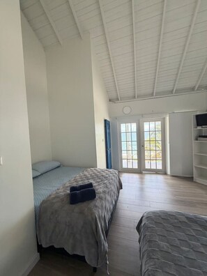 Ein Zimmer mit hoher Decke, ein Bett mit grau gestreifter Decke, ein zweites Bett mit gemustertem Bezug, ein Fernseher auf einem Schrank und Blick durch eine Glastür.