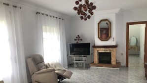 Un saló amb un sofà, un relaxant, una televisió, una llar de foc i un mirall.