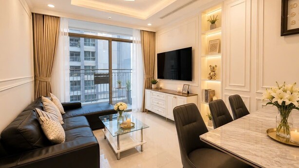 A modern living room with a sofa, coffee table, TV, dining table, and chairs. - Tranquil 2-bedroom condo with AC in Thành phố Hồ Chí Minh (Thành phố Hồ Chí Minh)