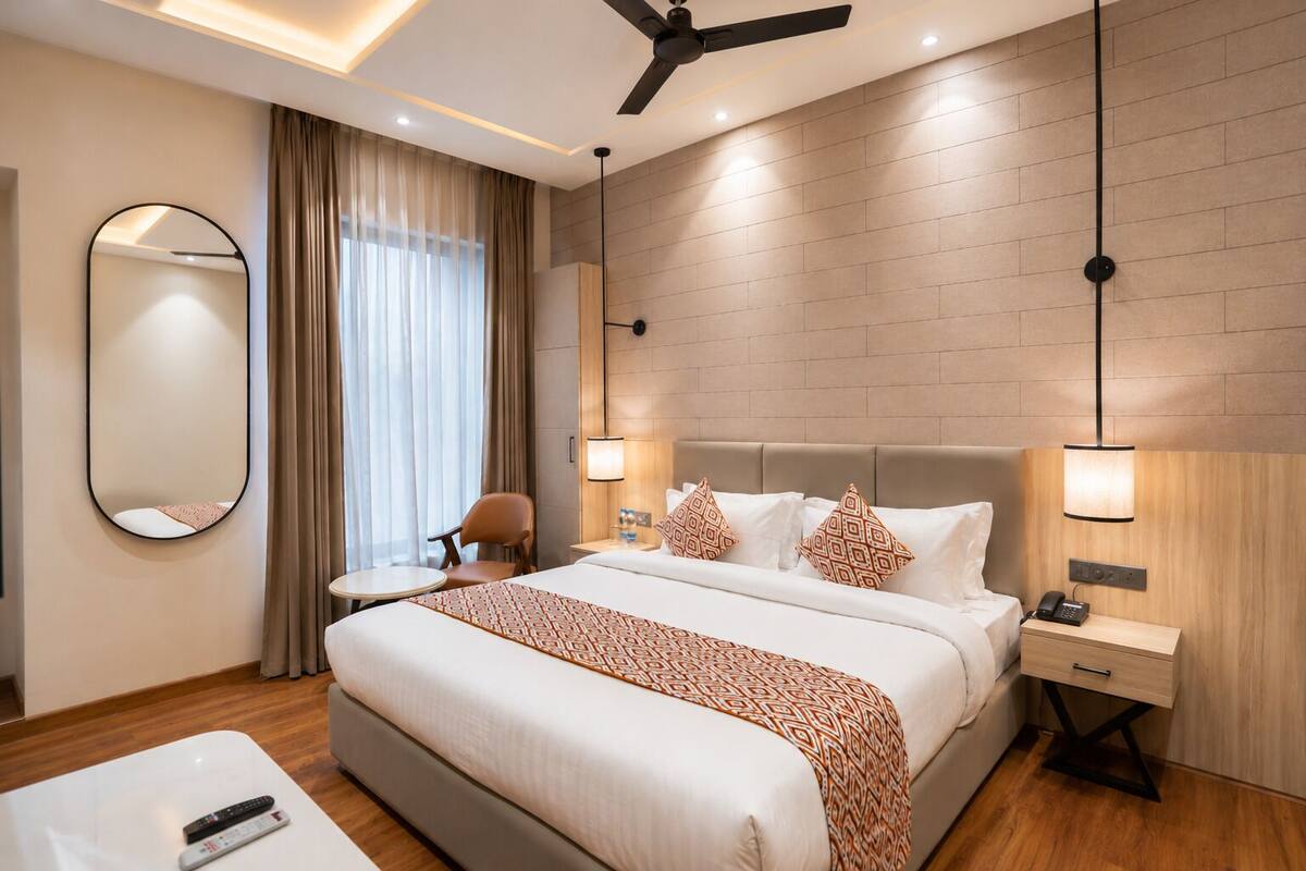 In-room safe, desk, laptop workspace, blackout curtains