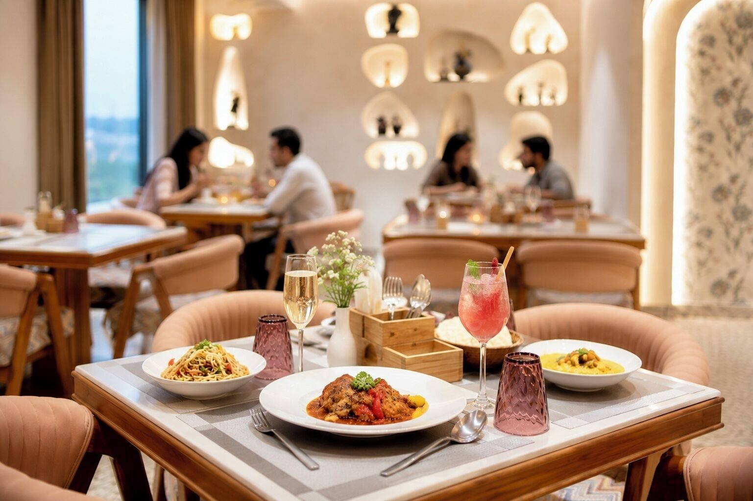 En restaurantscene med borde, stole og tallerkener.