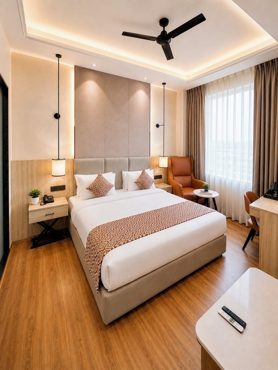 A hotel room with a large bed, a desk, a chair, a ceiling fan, and a window with curtains.
