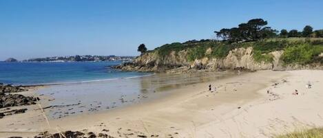 A beach with a clear sky, rocky shoreline, and sparse vegetation.