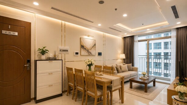 Een moderne hotelkamer met een eethoek, een bank, een televisie en een balkon met uitzicht op de stad.