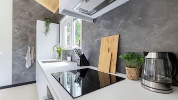 Coffee/tea maker, fridge, oven, stovetop