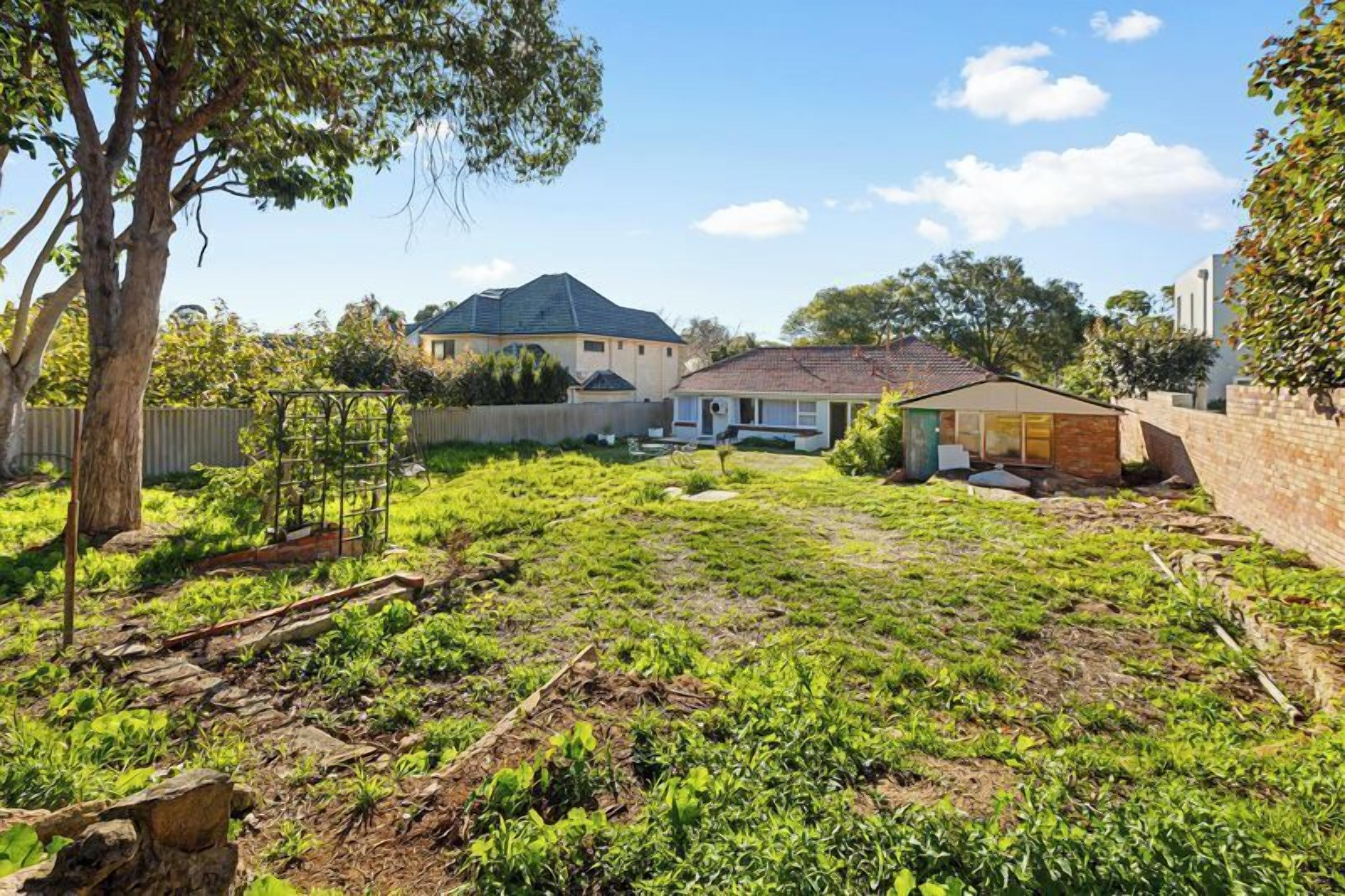 A residential backyard with a house, a tree, and a fence.