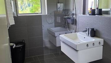 Hair dryer, towels, soap, shampoo