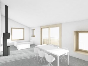 A modern, minimalist room with a white table and chairs, a sofa, and large windows. - Casa Mira Selva, (Flims Dorf), by Interhome (Flims)