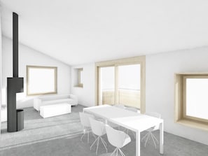 A modern, minimalist room with a white table, chairs, a sofa, and large windows. - Casa Mira Selva, (Flims Dorf), by Interhome (Flims)