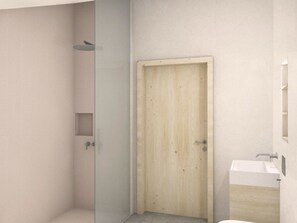 Un baño con puerta de madera, ducha y lavamanos.