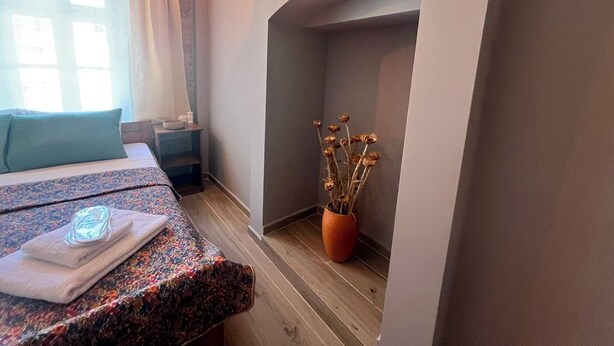 Une chambre à coucher avec un lit, une table de chevet, une plante en pot et une cheminée.
