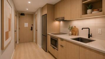 Junior Apartment | Private kitchen | Fridge, microwave, oven, stovetop
