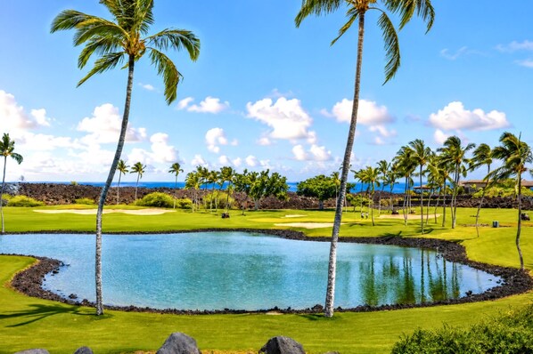 Campo de golf con un obstáculo acuático, palmeras y cielo despejado.