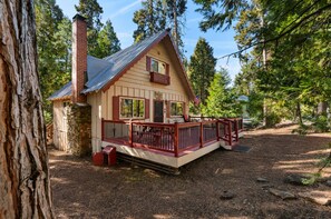 Eine Hütte mit Veranda, umgeben von Bäumen.