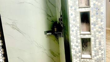 Hair dryer, towels, soap, toilet paper