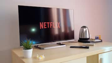 Un televisor de pantalla plana con el logotipo de Netflix, un control remoto, una cafetera y una planta pequeña sobre un escritorio de madera.